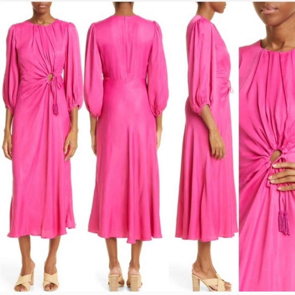Farm Rio Pink Balloon Sleeve Ruched Tasseled Midi Dress Round Neck Lightweight